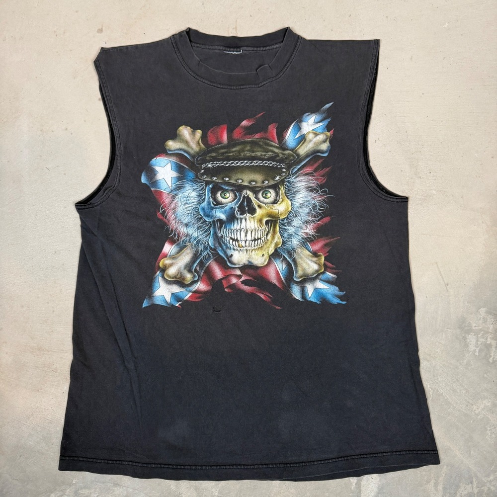 Vintage WWE Biker Skull Crossbones Sleeveless Graphic Tank top Black Distressed